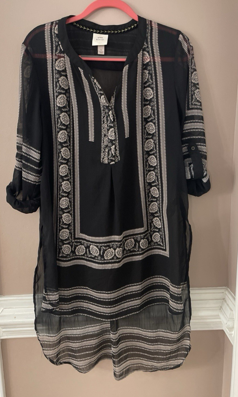 Knox Rose Top Womens L Black Sheer Tunic Boho High Low Festival Coverup